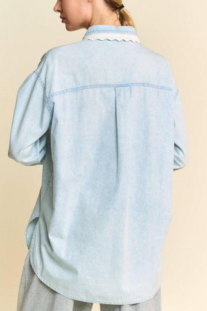 Lightweight Washed Lace Edge Waffle Knit Top