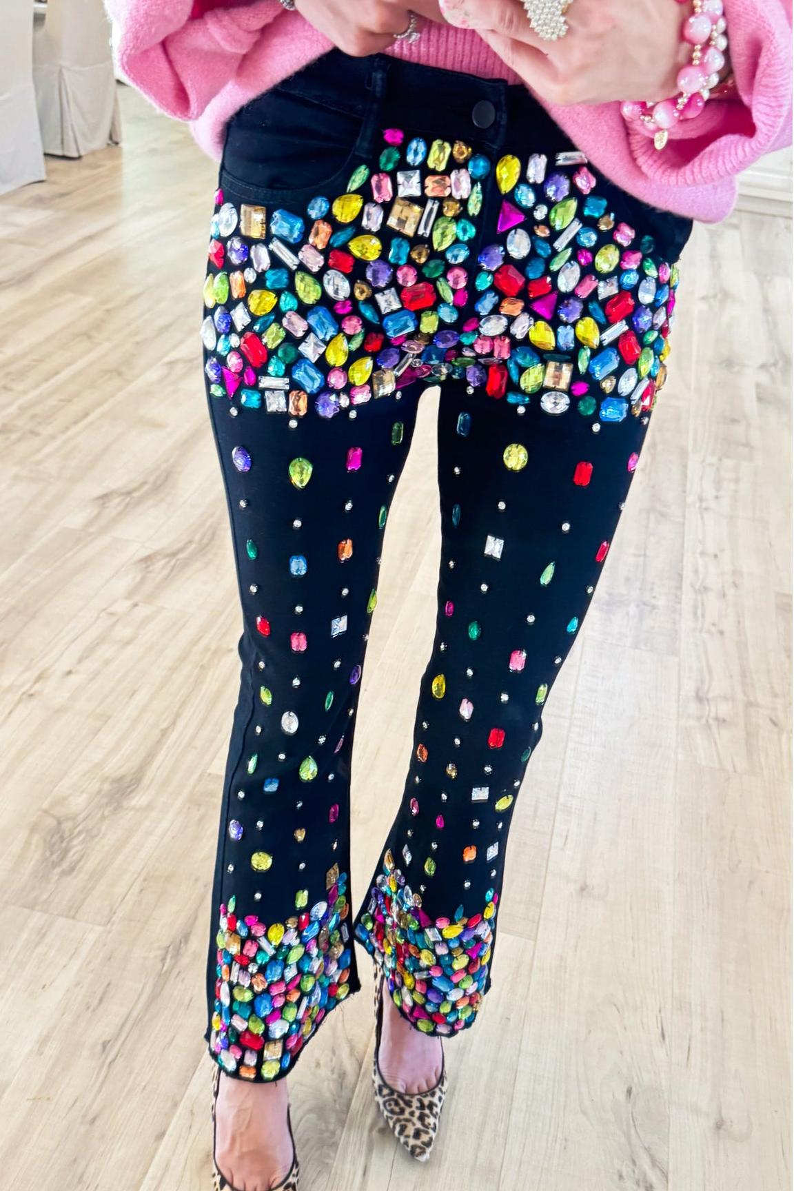 Black Beaded Flare Jeans