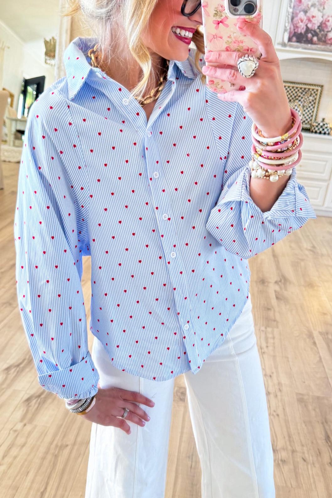 Blue Stripe Heart Print Button Up Top