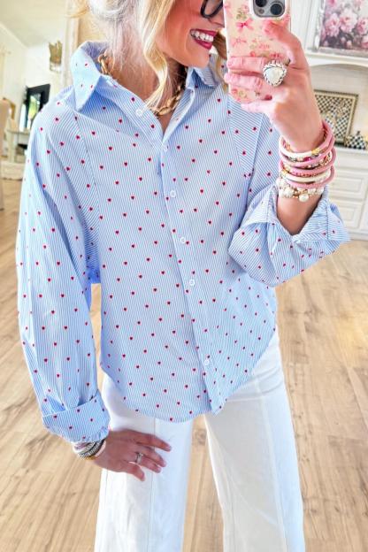 Blue Stripe Heart Print Button Up Top