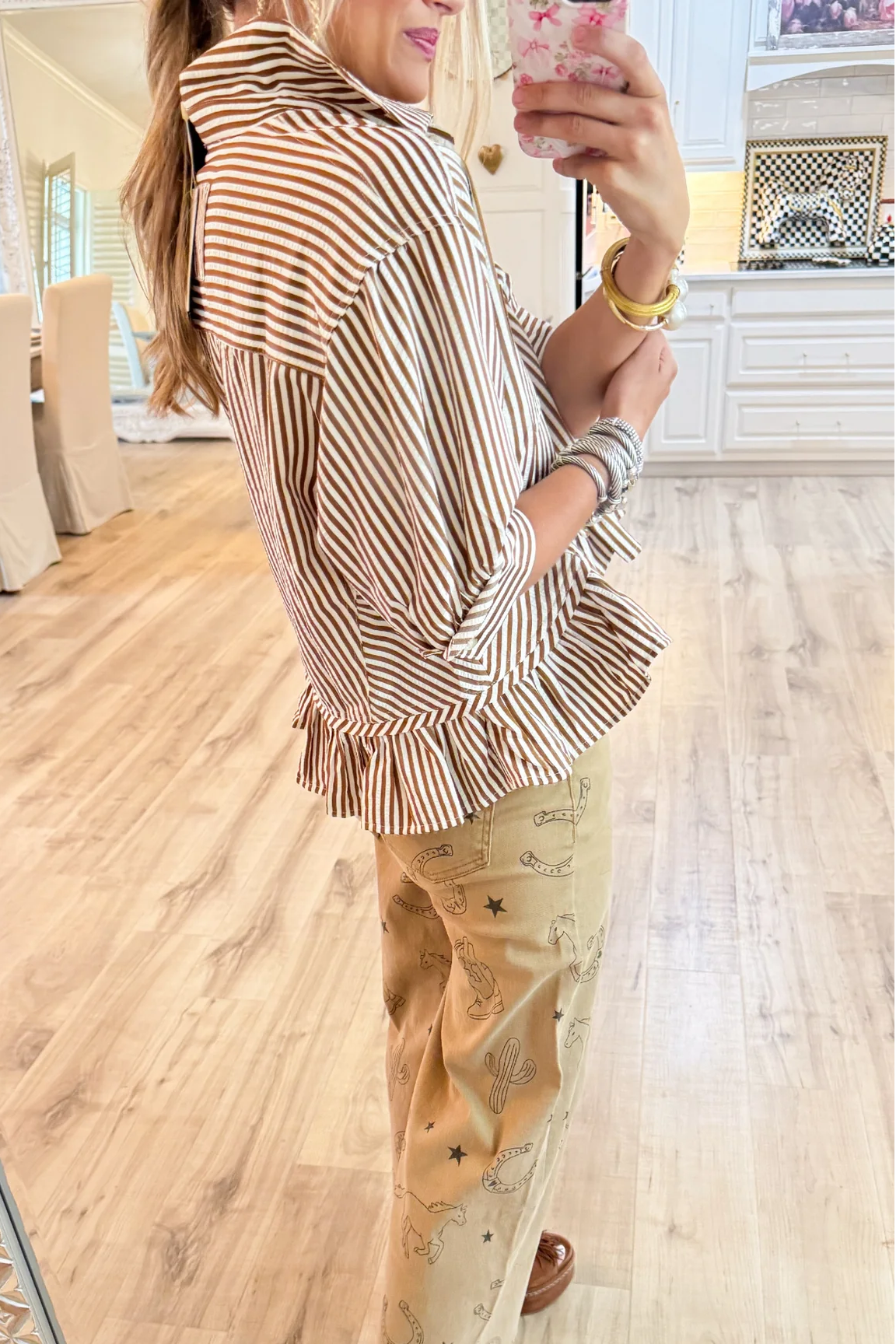 Brown Stripe Ruffle Hem Top