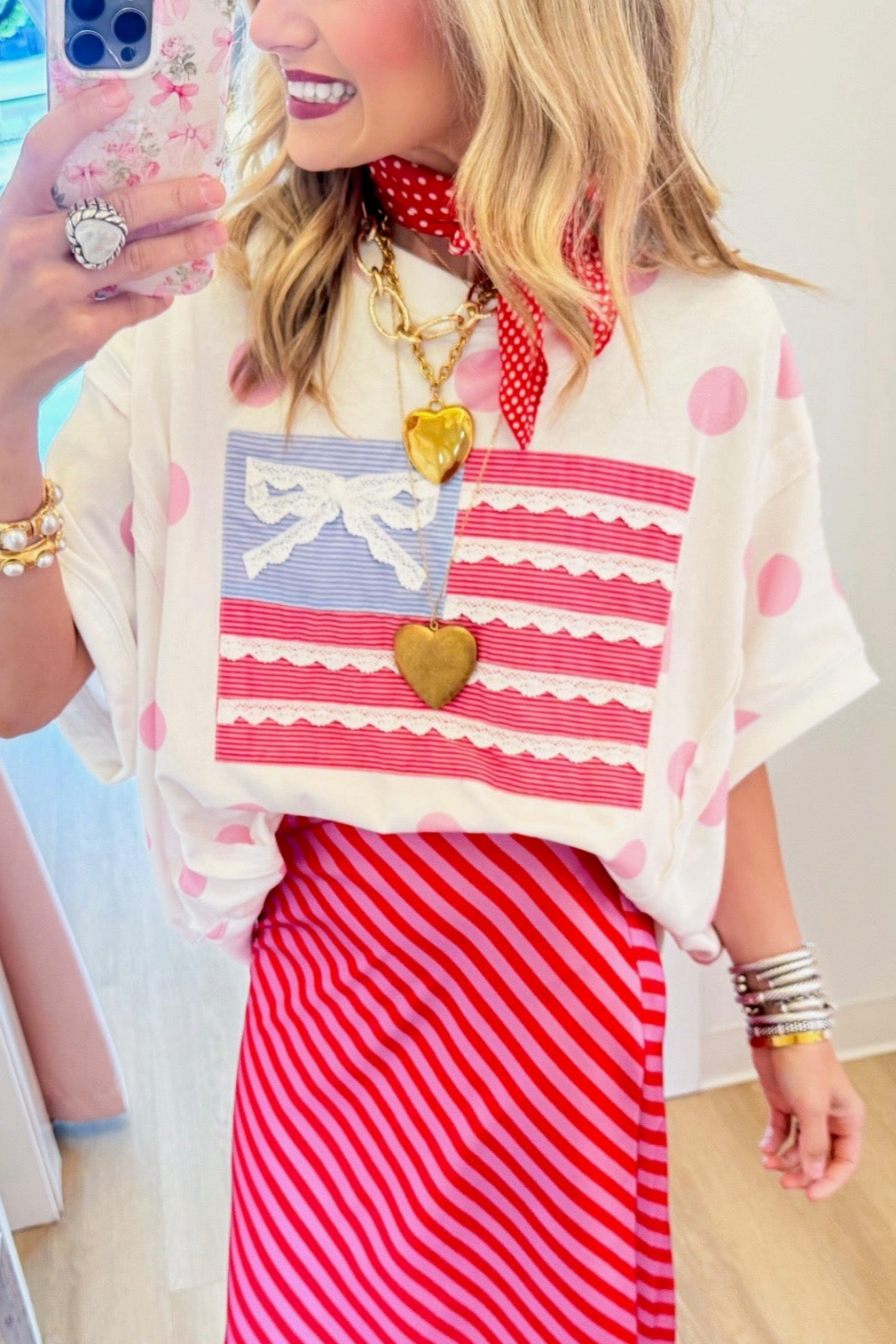 Light Pink and Blue Polka Dot Stars and Stripe Top