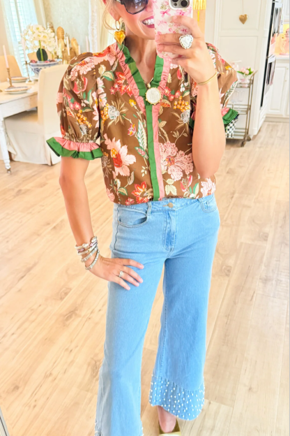 Brown Floral Print Ruffle Puff Sleeve Top