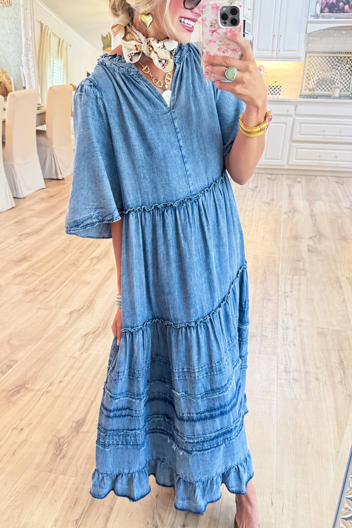Washed Denim Tiered Maxi Dress
