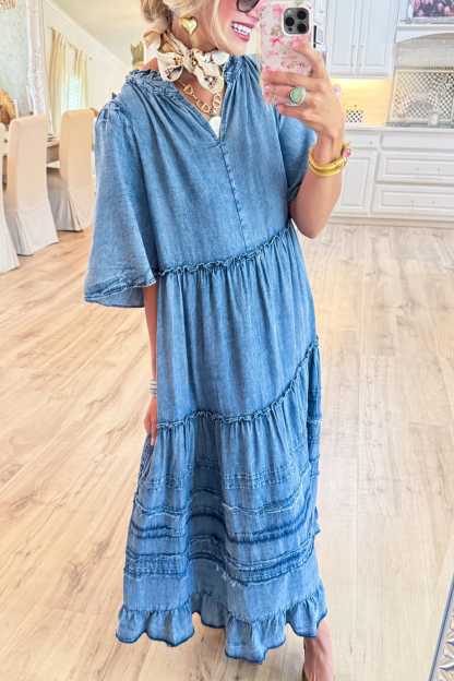 Washed Denim Tiered Maxi Dress