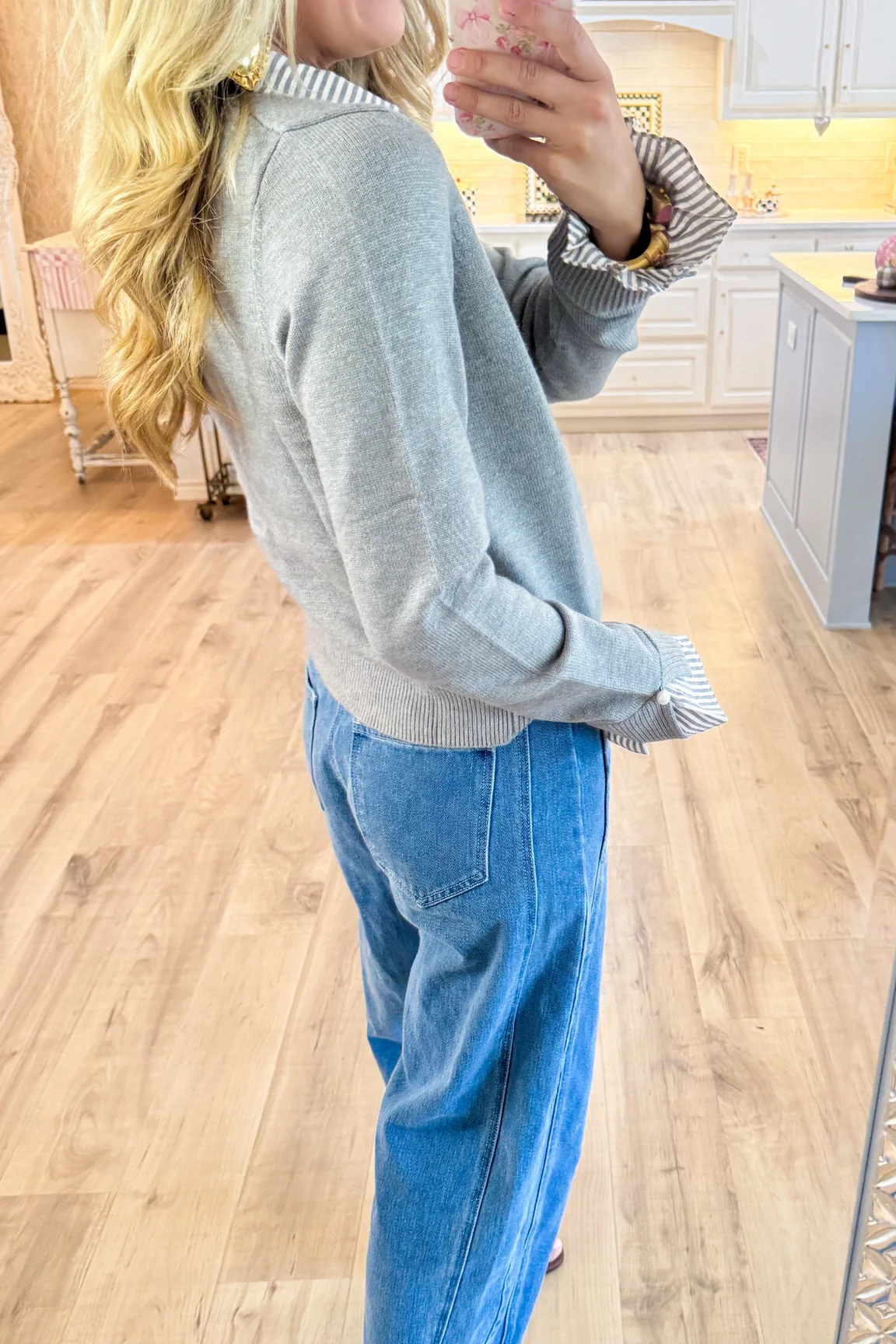 Grey Knit Contrast Collar Cardigan