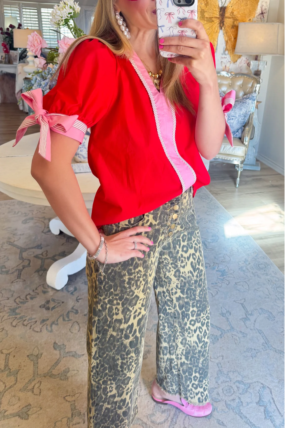 Red Solid Bow Pullover Blouse