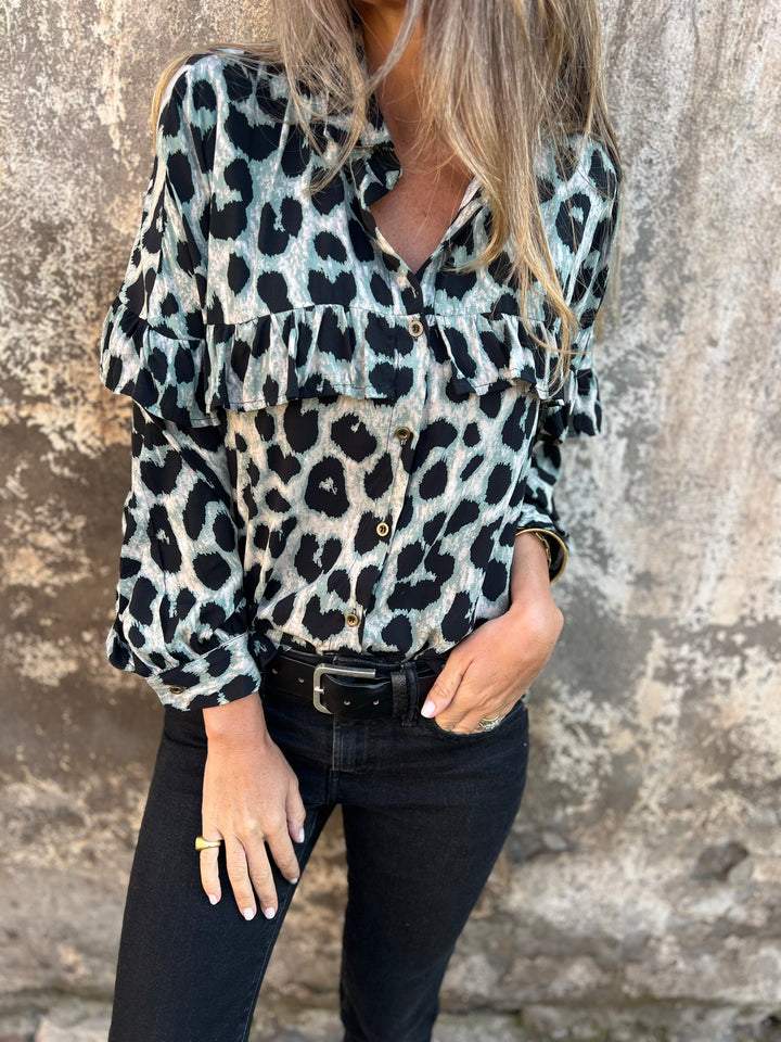Lapel Long-Sleeved Leopard Print Casual Shirt