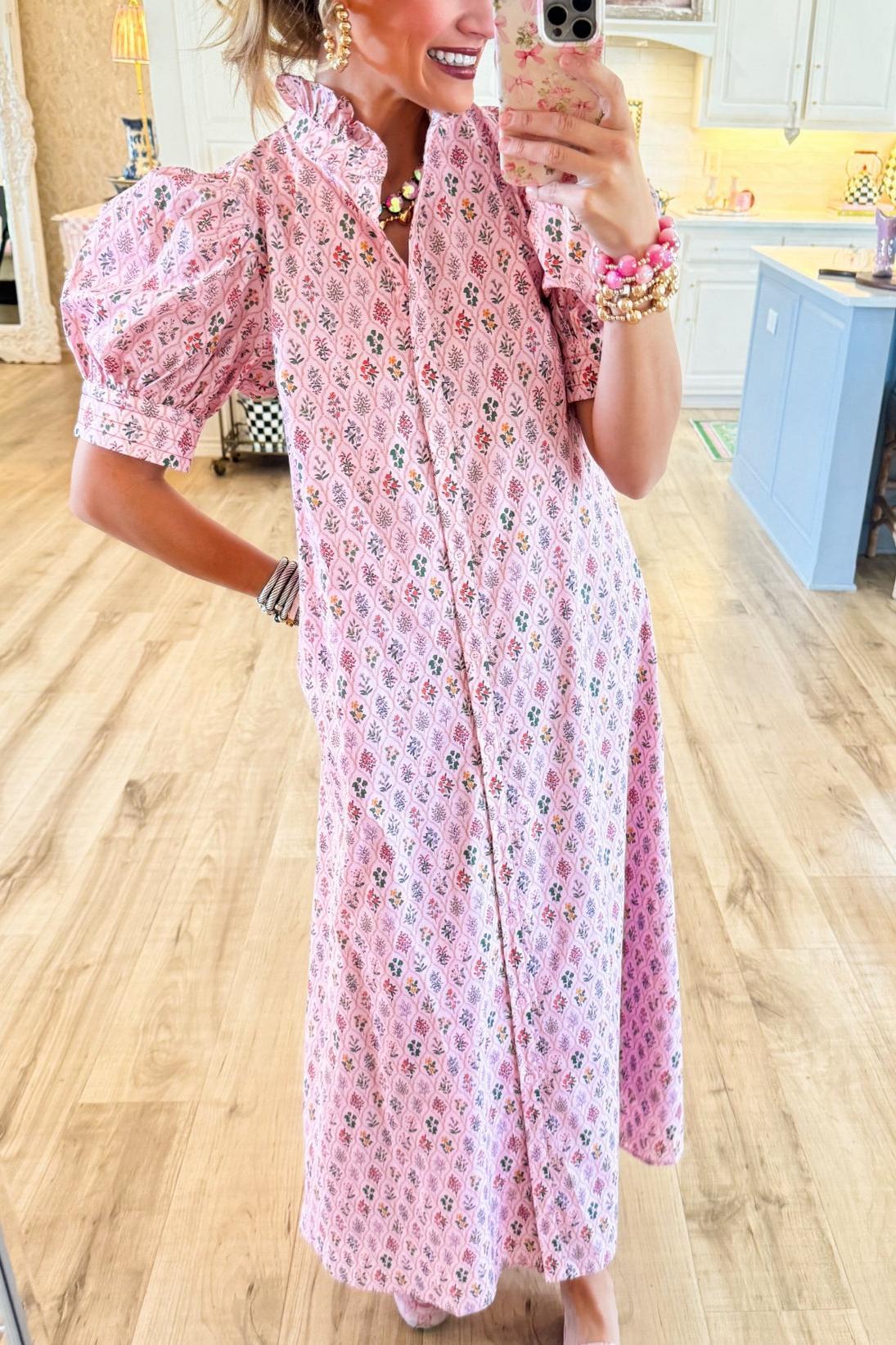 Pink Multi Floral Puff Sleeve MIDI Dress