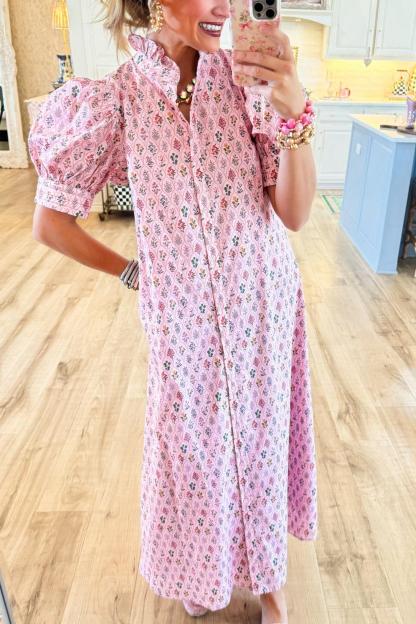 Pink Multi Floral Puff Sleeve MIDI Dress