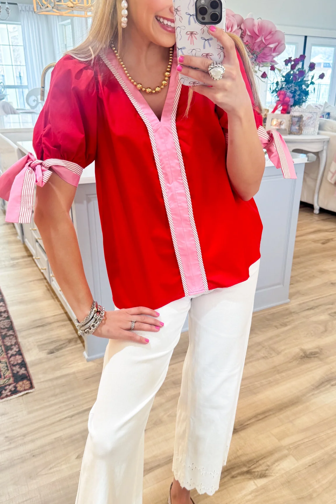 Red Solid Bow Pullover Blouse