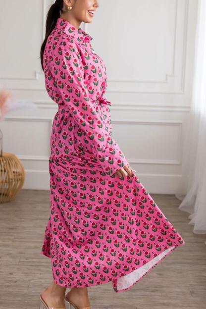 Pink floral print long dress with tie detail