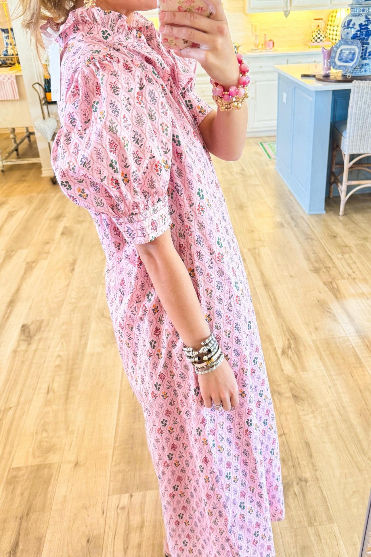 Pink Multi Floral Puff Sleeve MIDI Dress