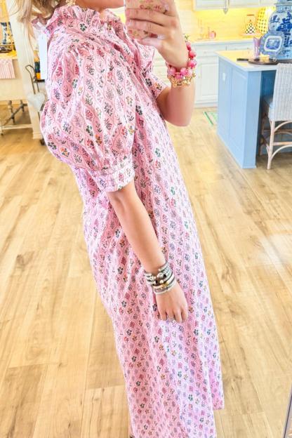 Pink Multi Floral Puff Sleeve MIDI Dress