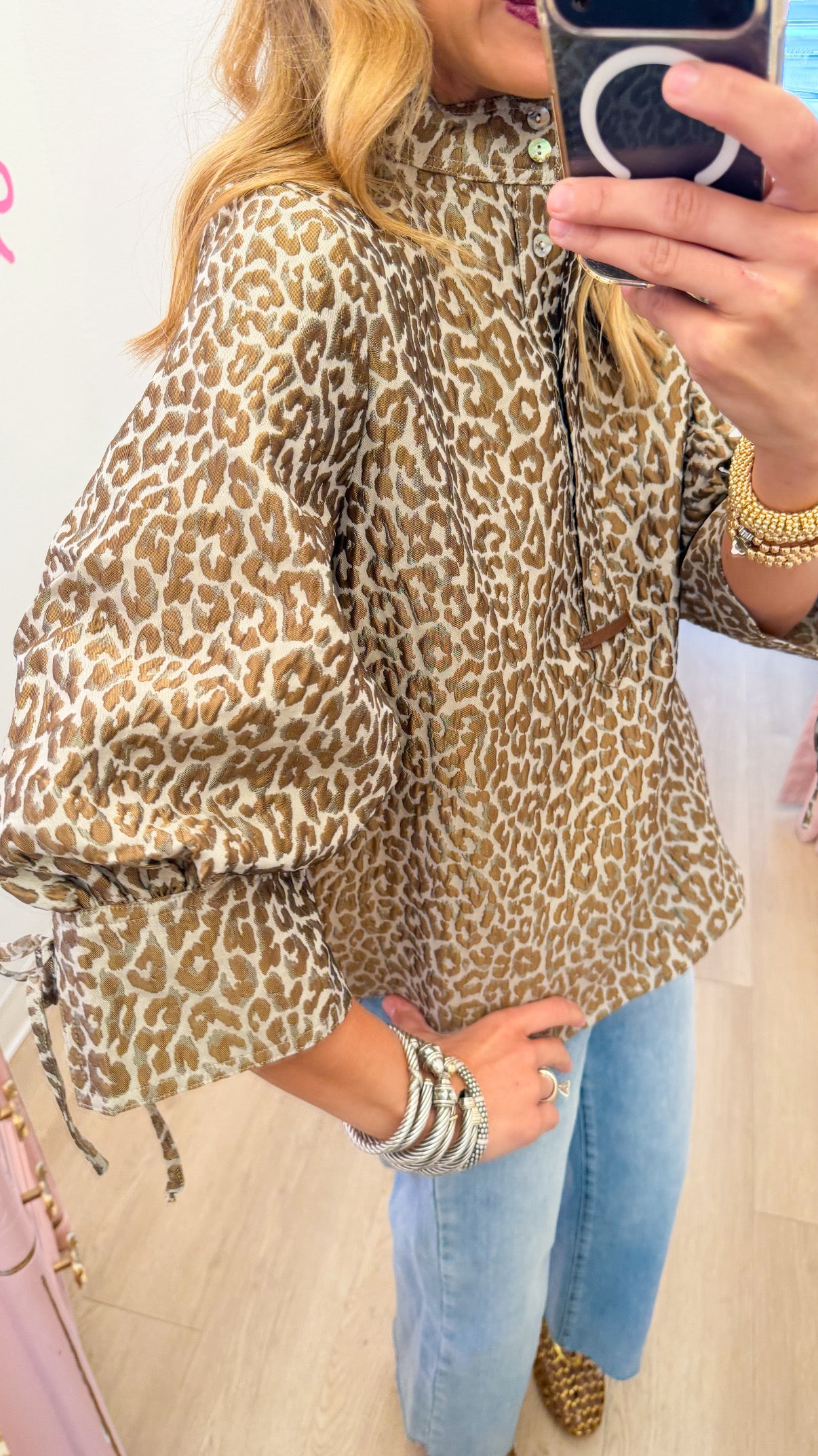 Taupe Leopard Jacquard Puff Sleeve Top