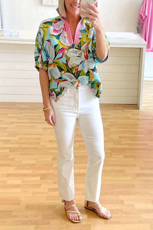 Magnolia Print Linen Collar Top