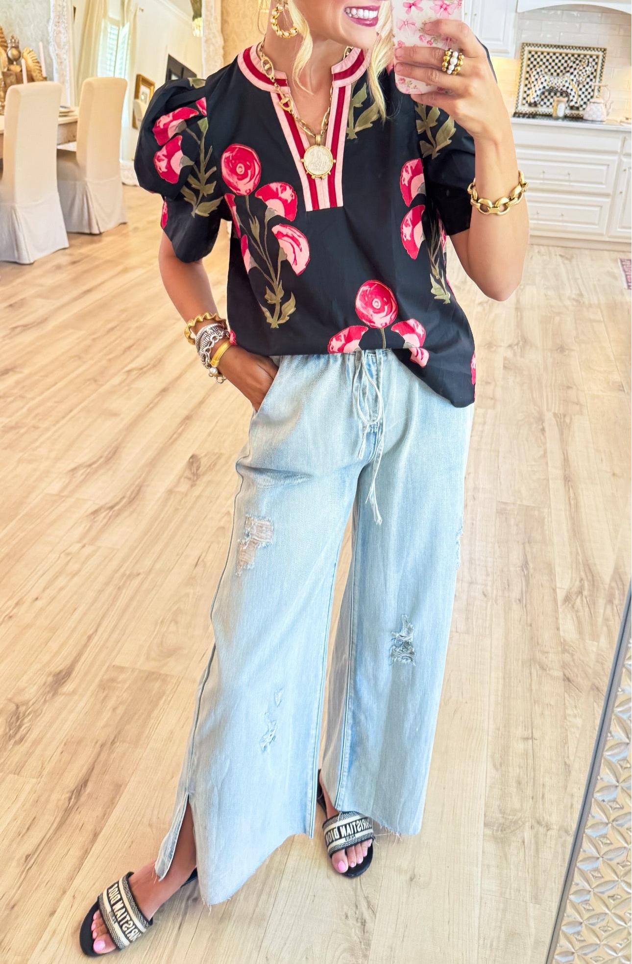 Black Floral Print Puff Sleeve Top