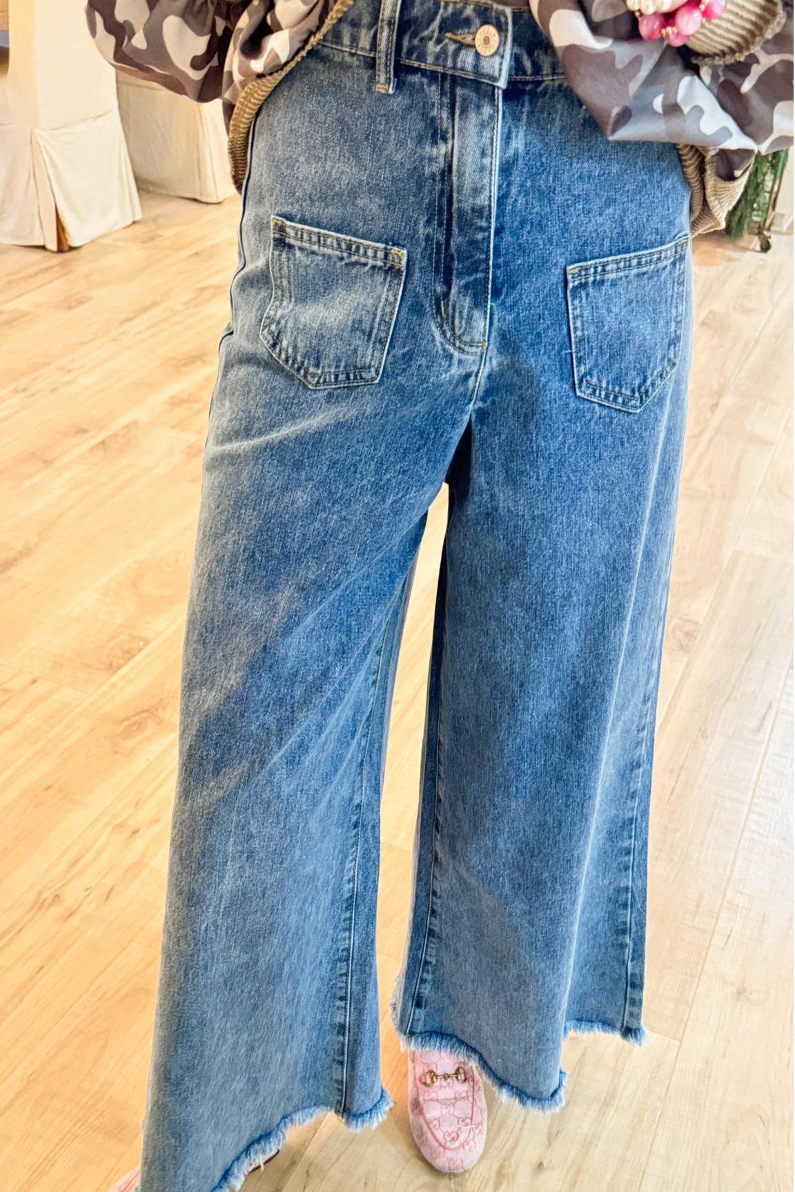 Denim Wide Leg Raw Hem Jeans