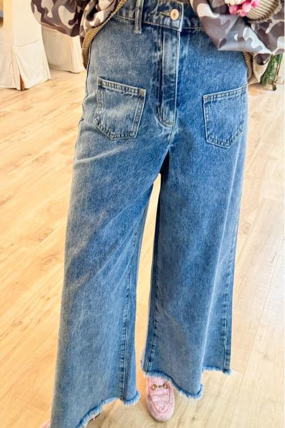 Denim Wide Leg Raw Hem Jeans