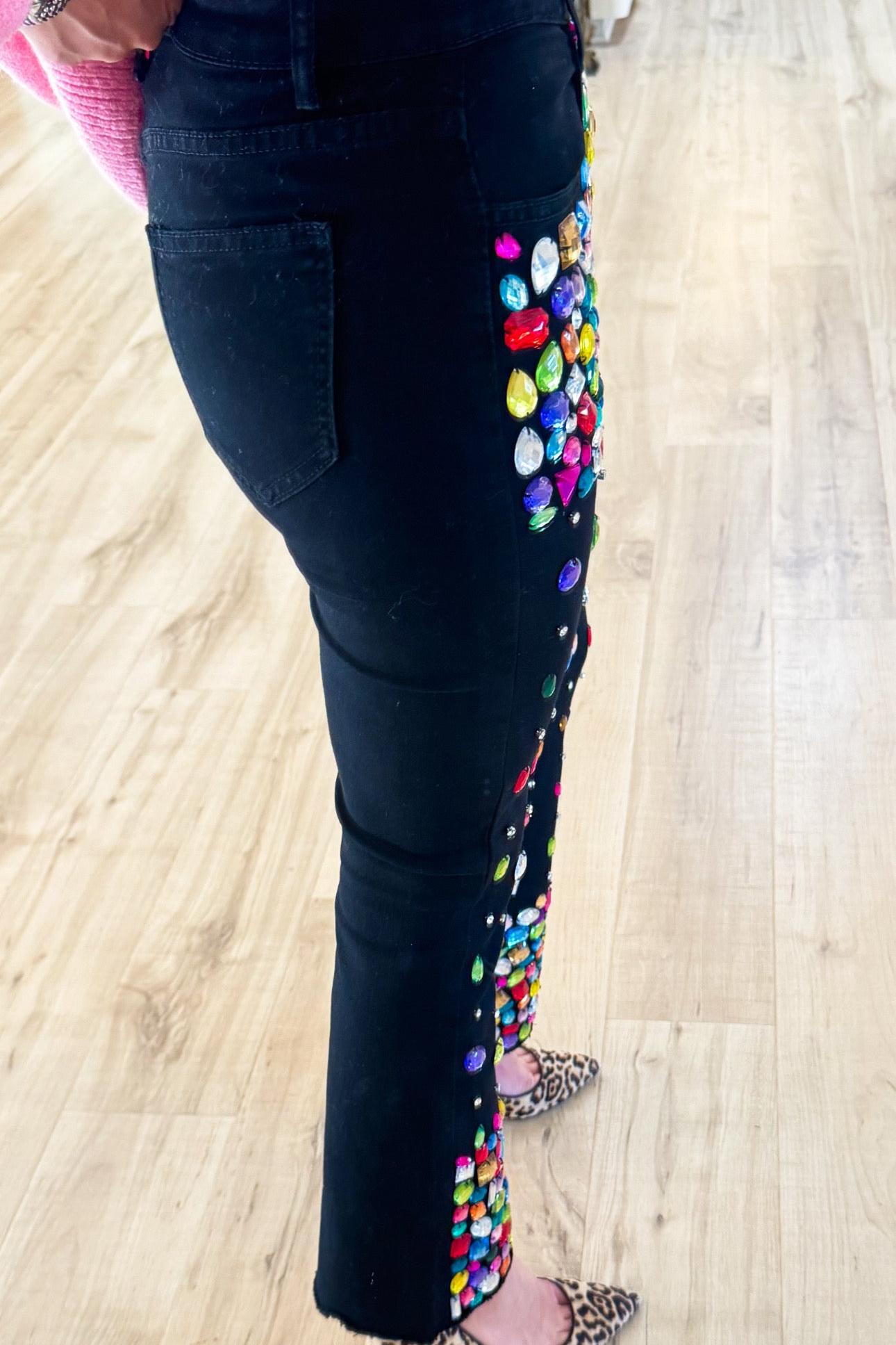 Black Beaded Flare Jeans