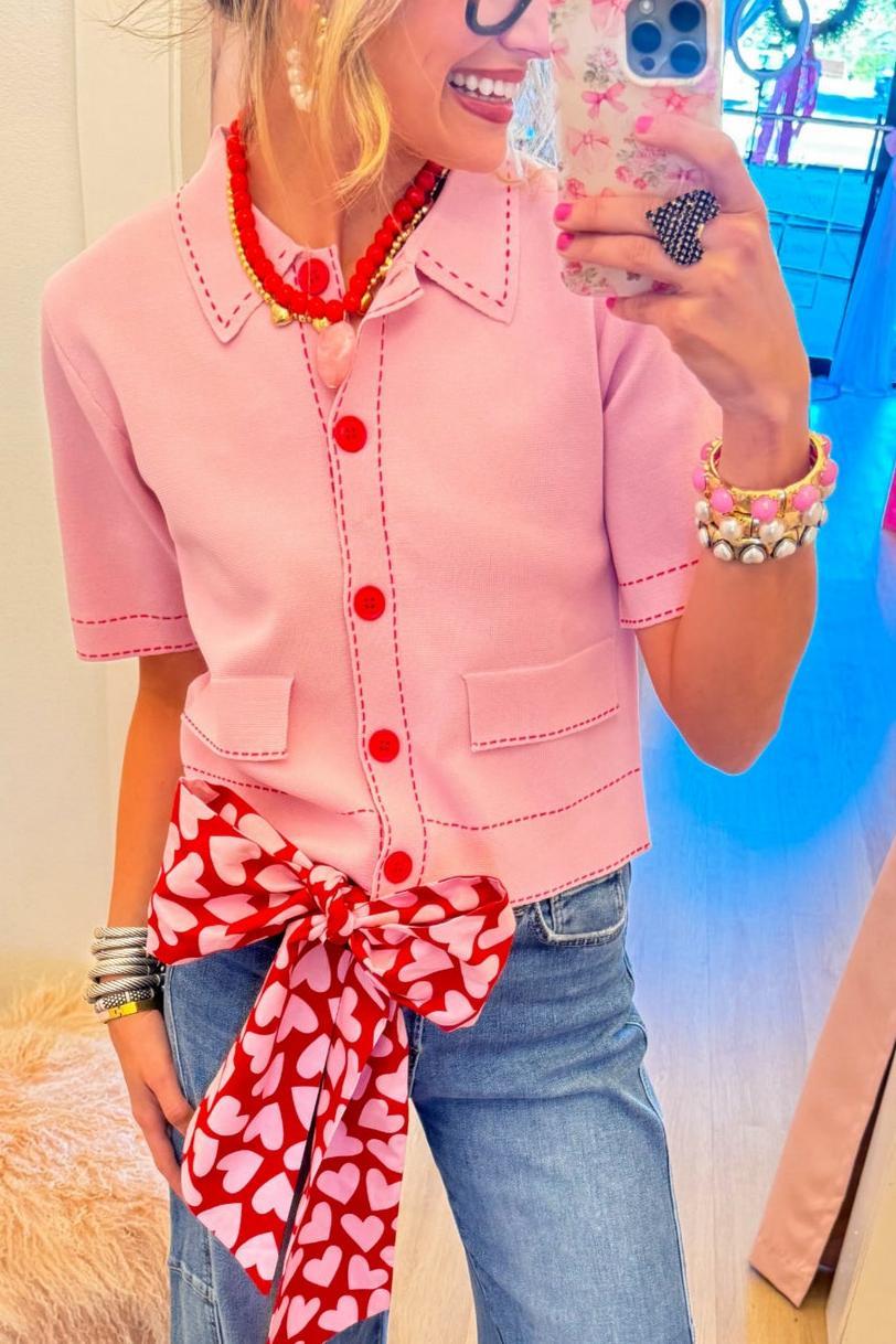 Pink Contrast Stitch Short Sleeve Puff Sleeve Cardigan