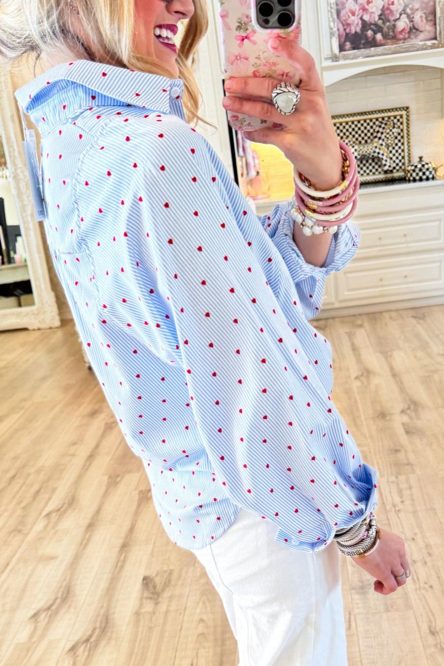 Blue Stripe Heart Print Button Up Top
