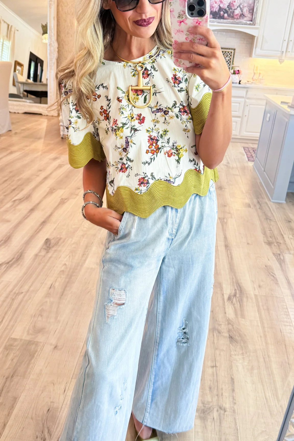 Ecru Floral Print Oversized Trim Top