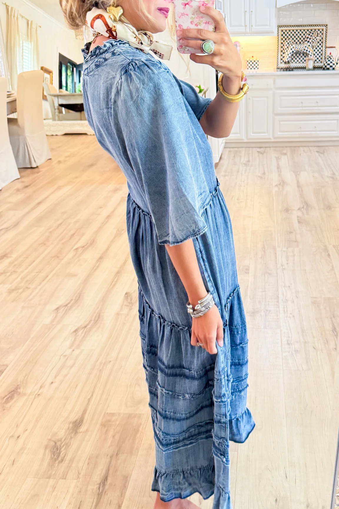 Washed Denim Tiered Maxi Dress