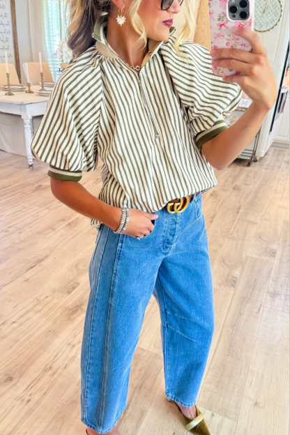 Olive Stripe Half Zip Top