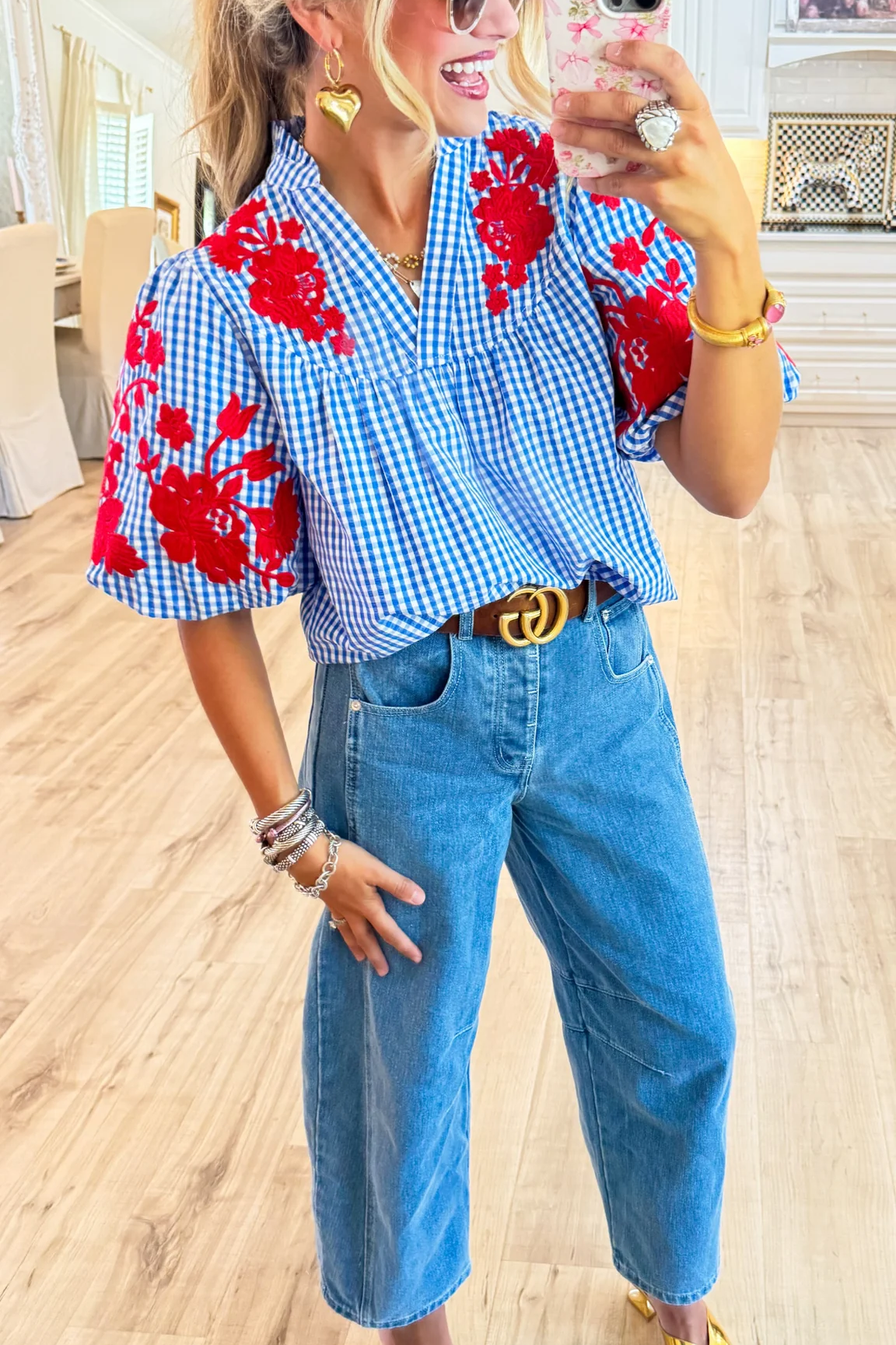 Blue Gingham Red Embroidered Puff Sleeve Top