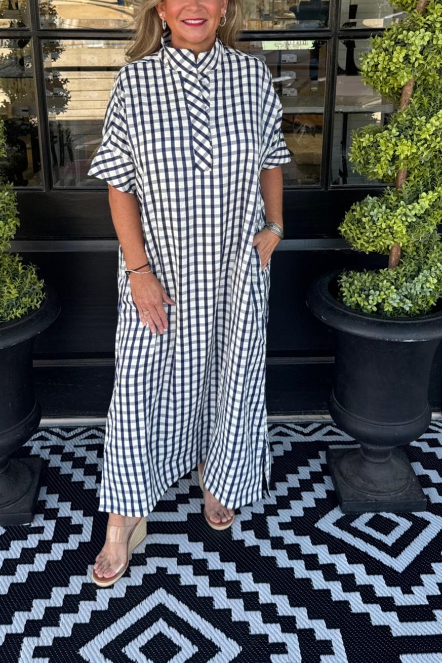 Gingham Stand Collar Side Slit Maxi Dress