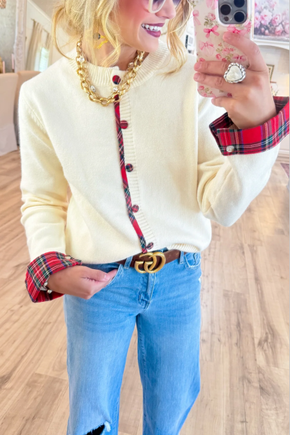Cream Plaid Trimmed Cardigan