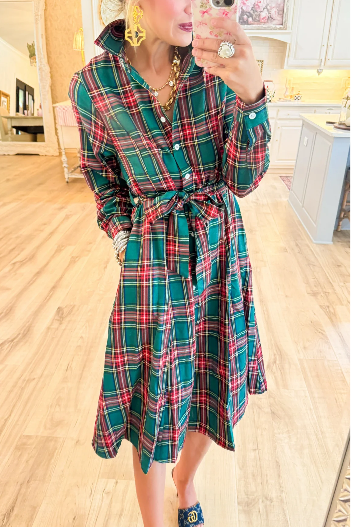 Hunter Green Multi Plaid Midi Dress