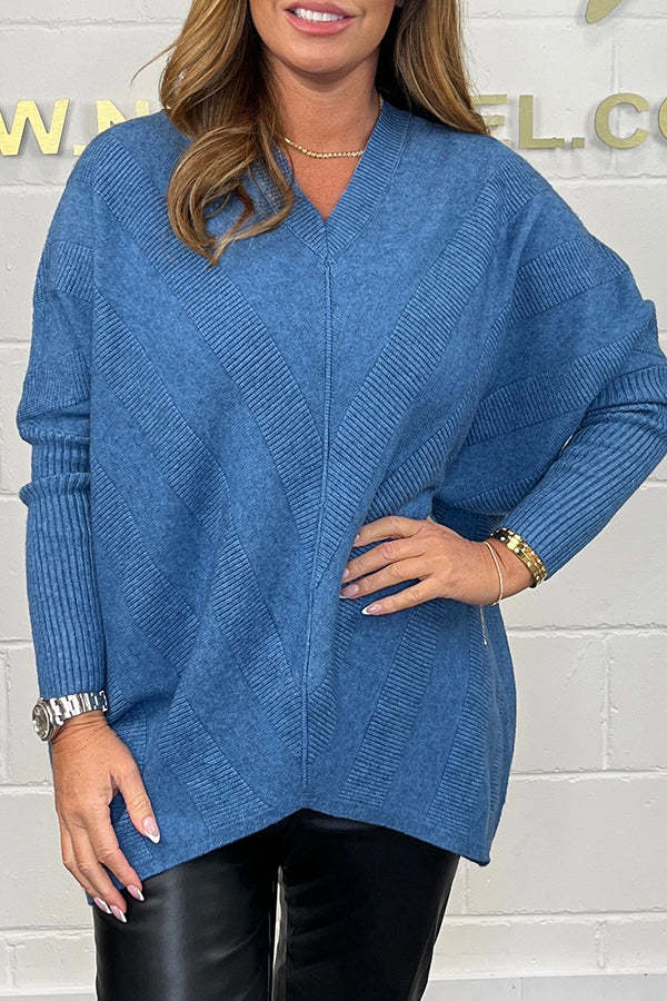 Ribbed Diagonal Stripe V Neck High Low Jumper