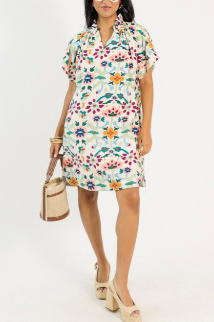 Ruffle Neck Floral Dress