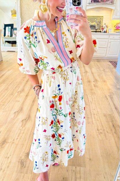 Cream Floral Puff Sleeve Midi Dress