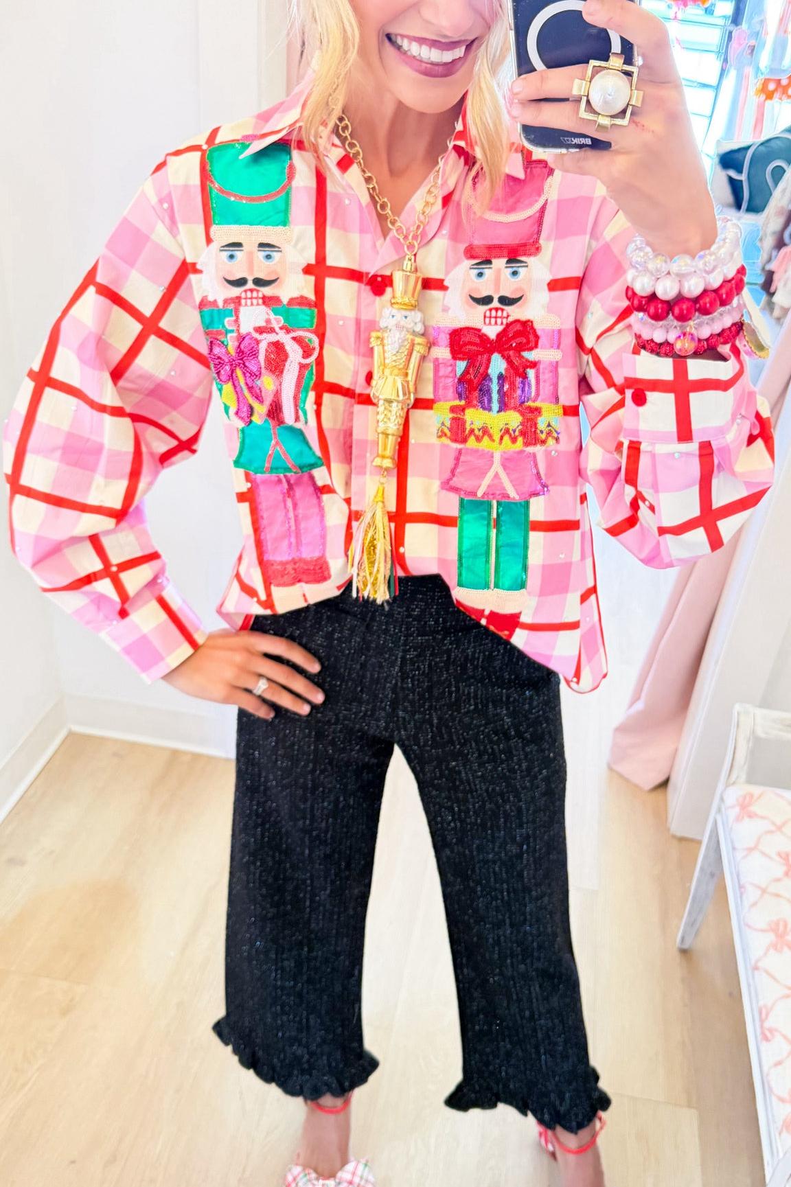 Queen of Sparkles Pink and Red Plaid Nutcracker Button Up
