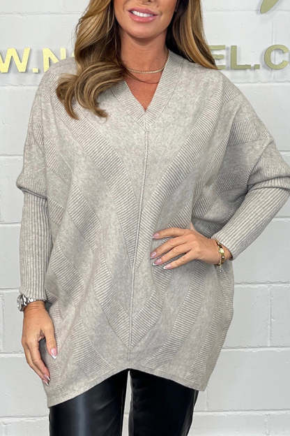 Ribbed Diagonal Stripe V Neck High Low Jumper