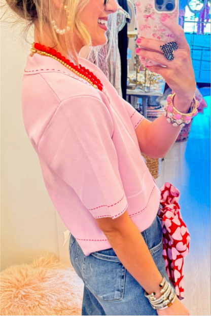 Pink Contrast Stitch Short Sleeve Puff Sleeve Cardigan