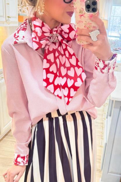 Red Stripe Embroidered Top