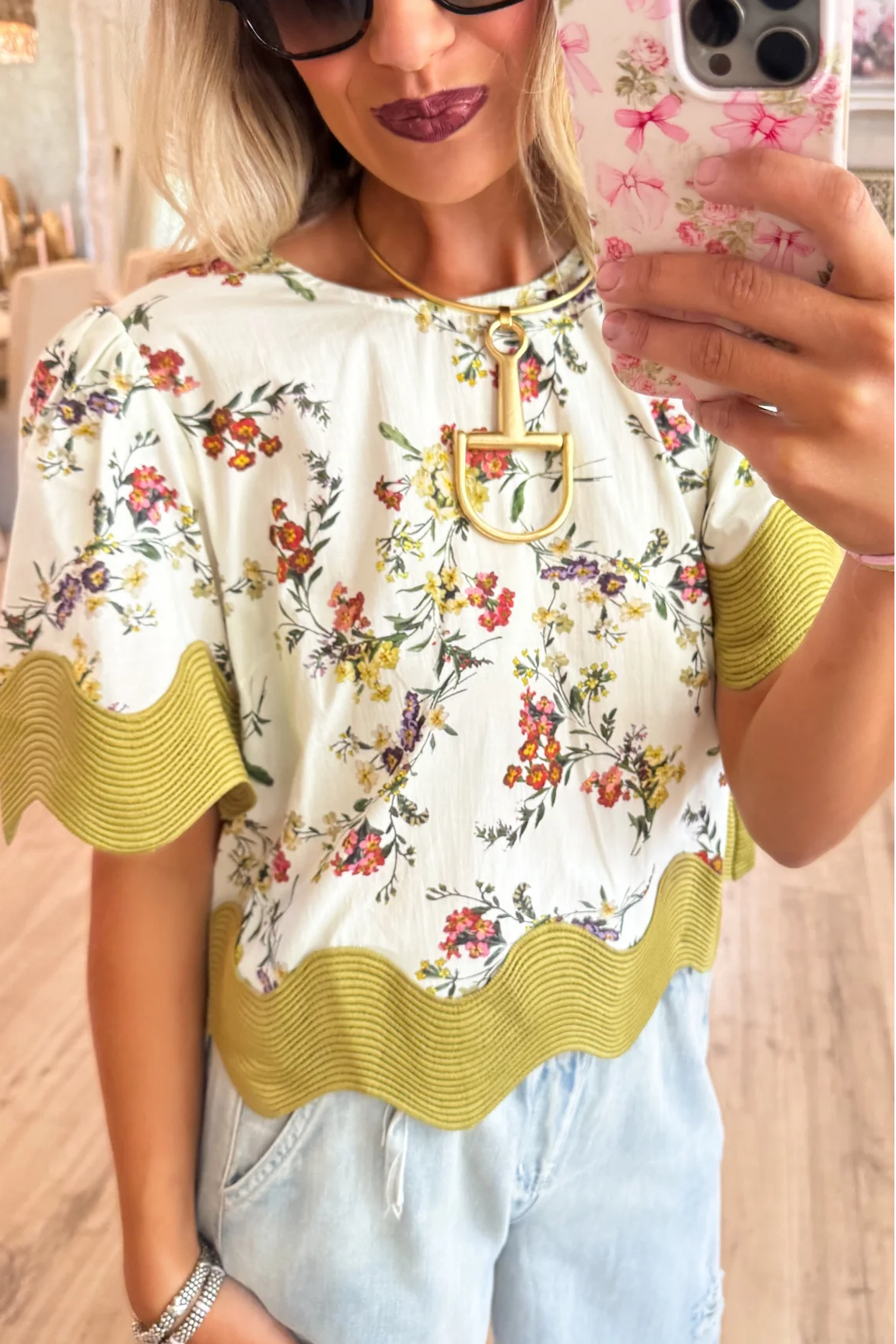 Ecru Floral Print Oversized Trim Top