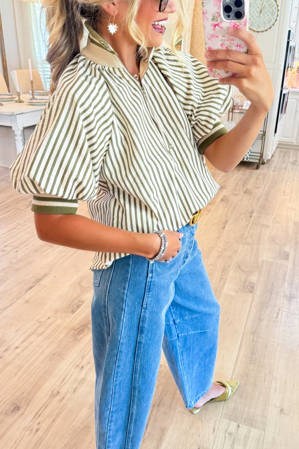Olive Stripe Half Zip Top