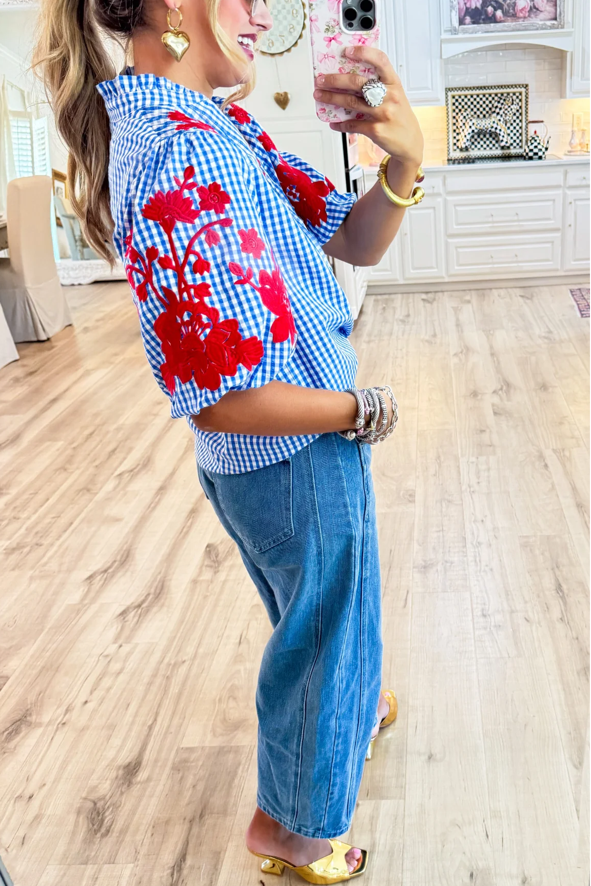 Blue Gingham Red Embroidered Puff Sleeve Top