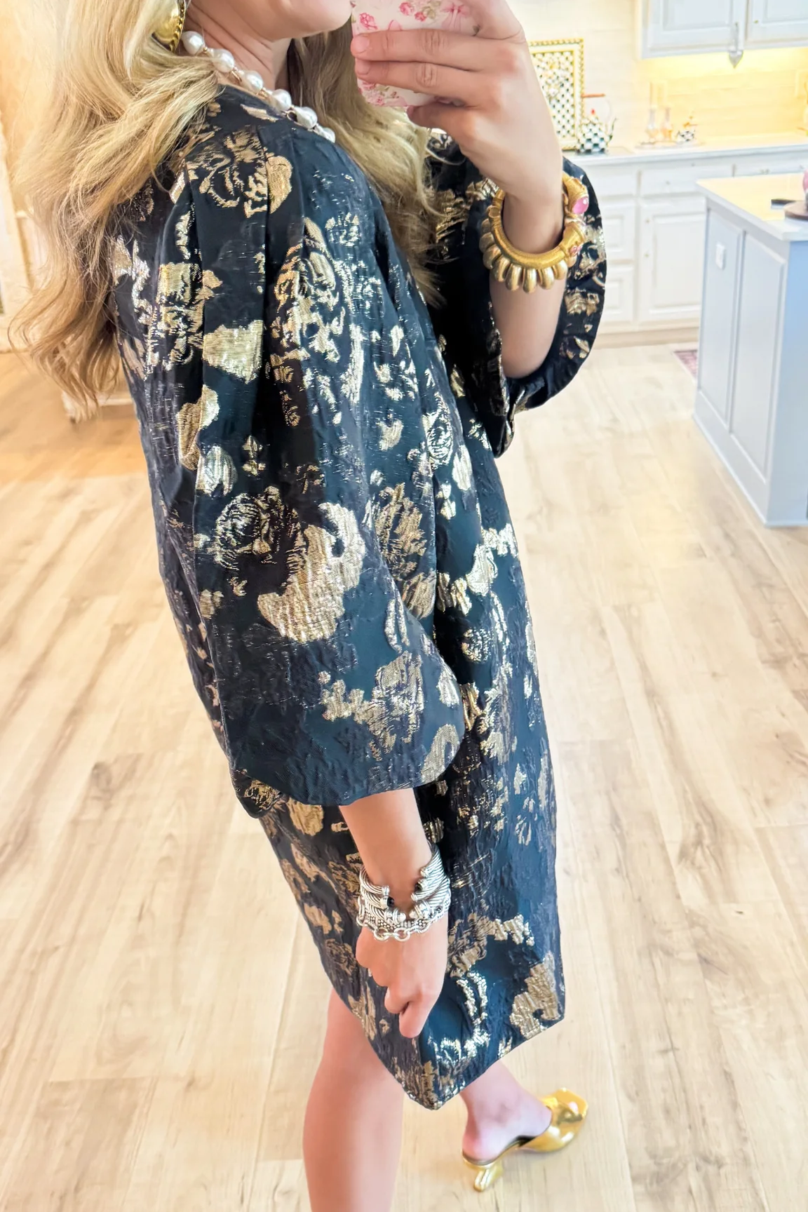 Black Gold Accent Jacquard Shift Dress