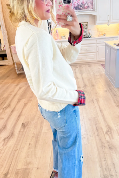 Cream Plaid Trimmed Cardigan