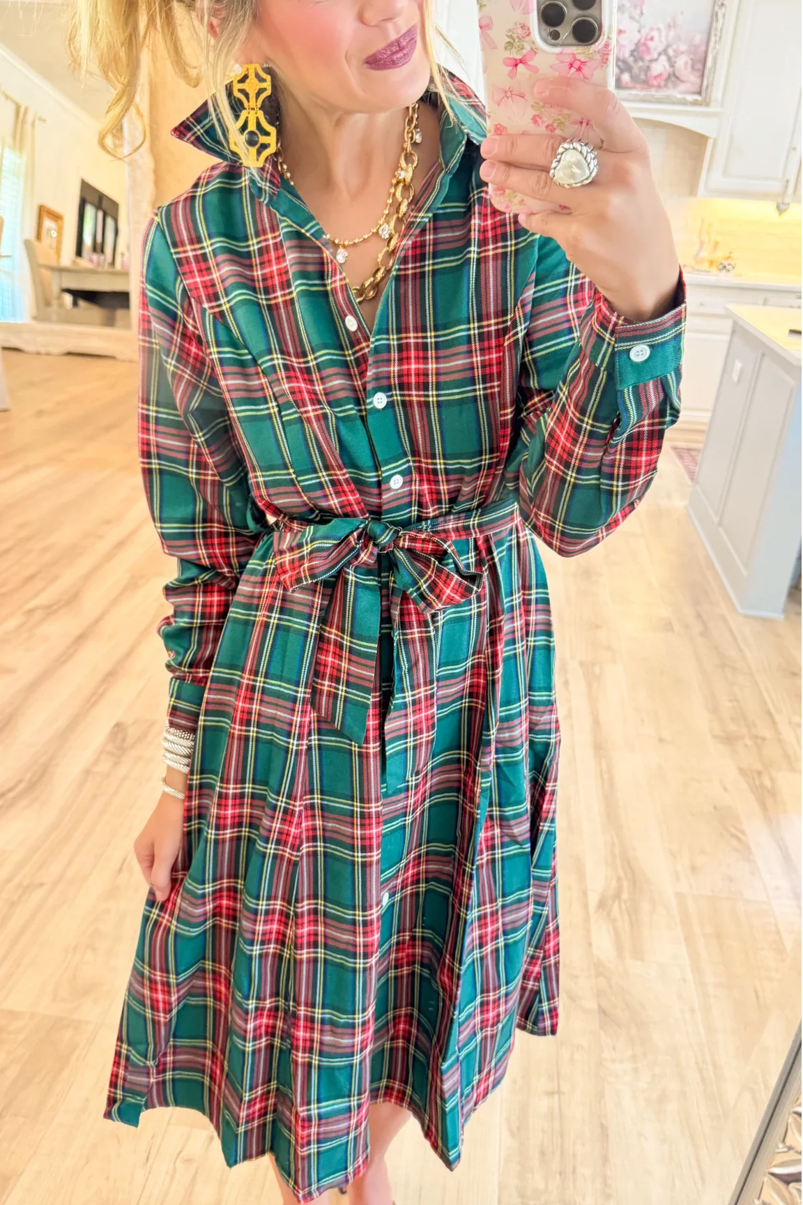 Hunter Green Multi Plaid Midi Dress
