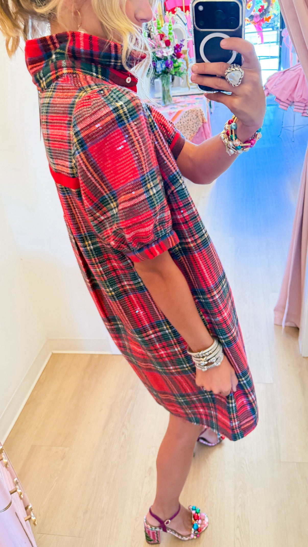 RESTOCK Red Plaid Sequin Mini Dress