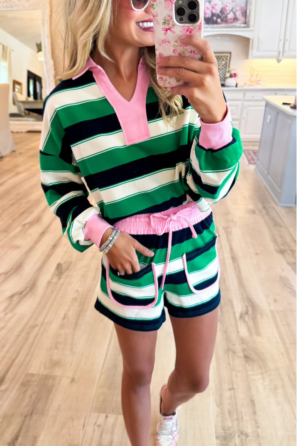 Green and Pink Long Sleeve Short Set