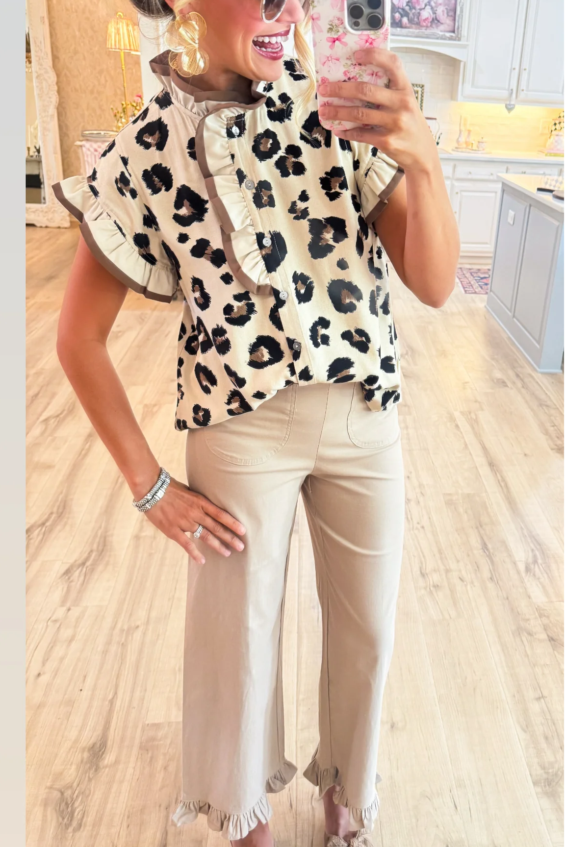 Off White Leopard Pattern Ruffle Neck Top