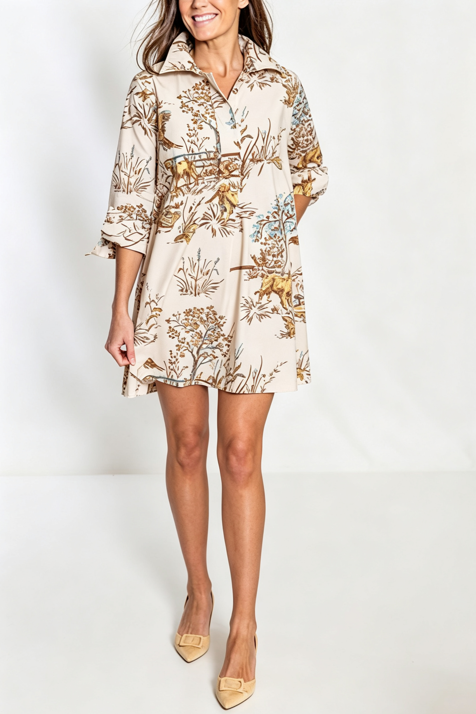 Hunting Scene Print Shirt Dress